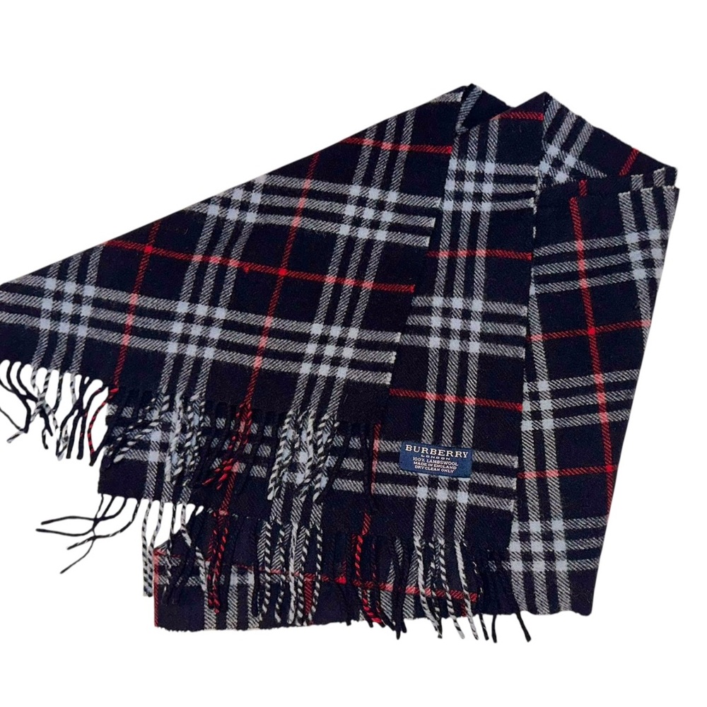 Vtg Burberry London Scarf 100% Lambswool Navy Blue Tartan Plaid 74x12” - Picture 3 of 3